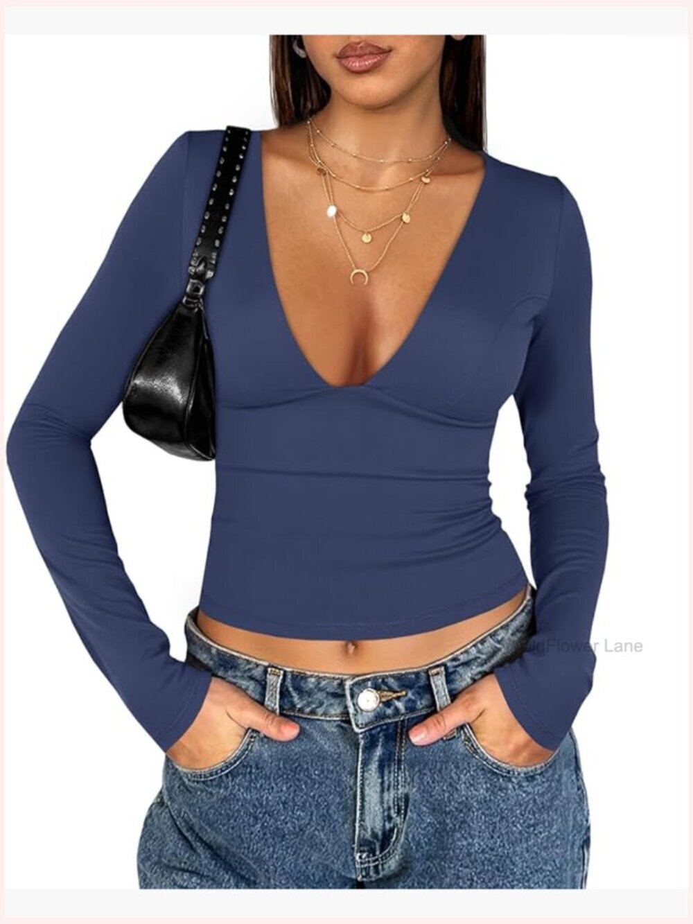 Deep V Neck Long Sleeve Cropped T-Shirt Y2K Slim Fit Going Out Top